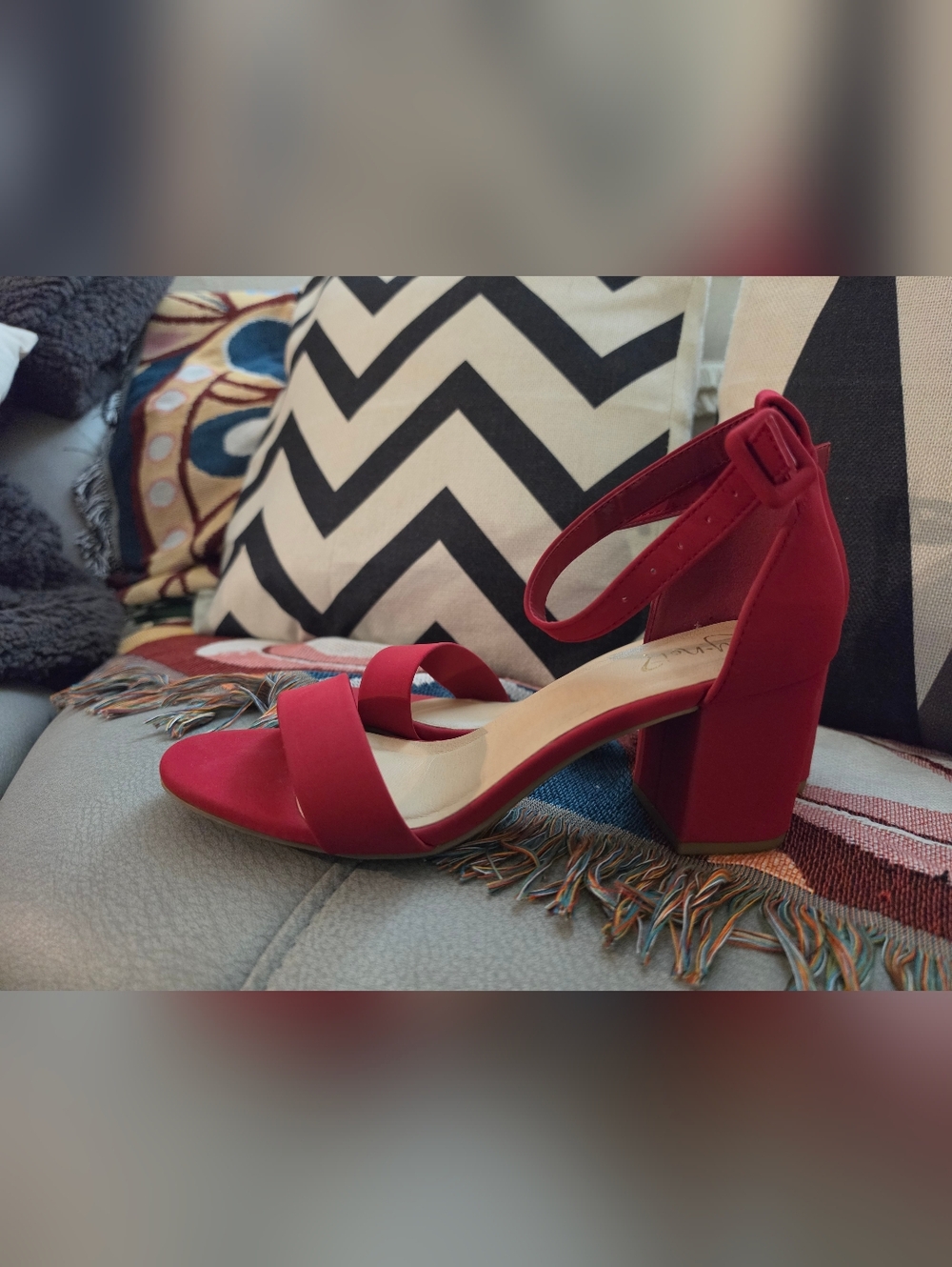 Red Block Heel Ankle-Strap Sandals - Picture 2 of 4